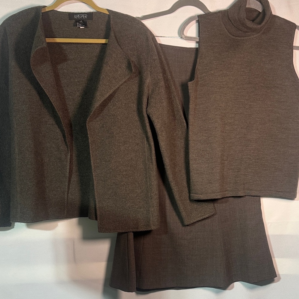 Kasper Brown Wool Knit 3 PCS Skirt Set